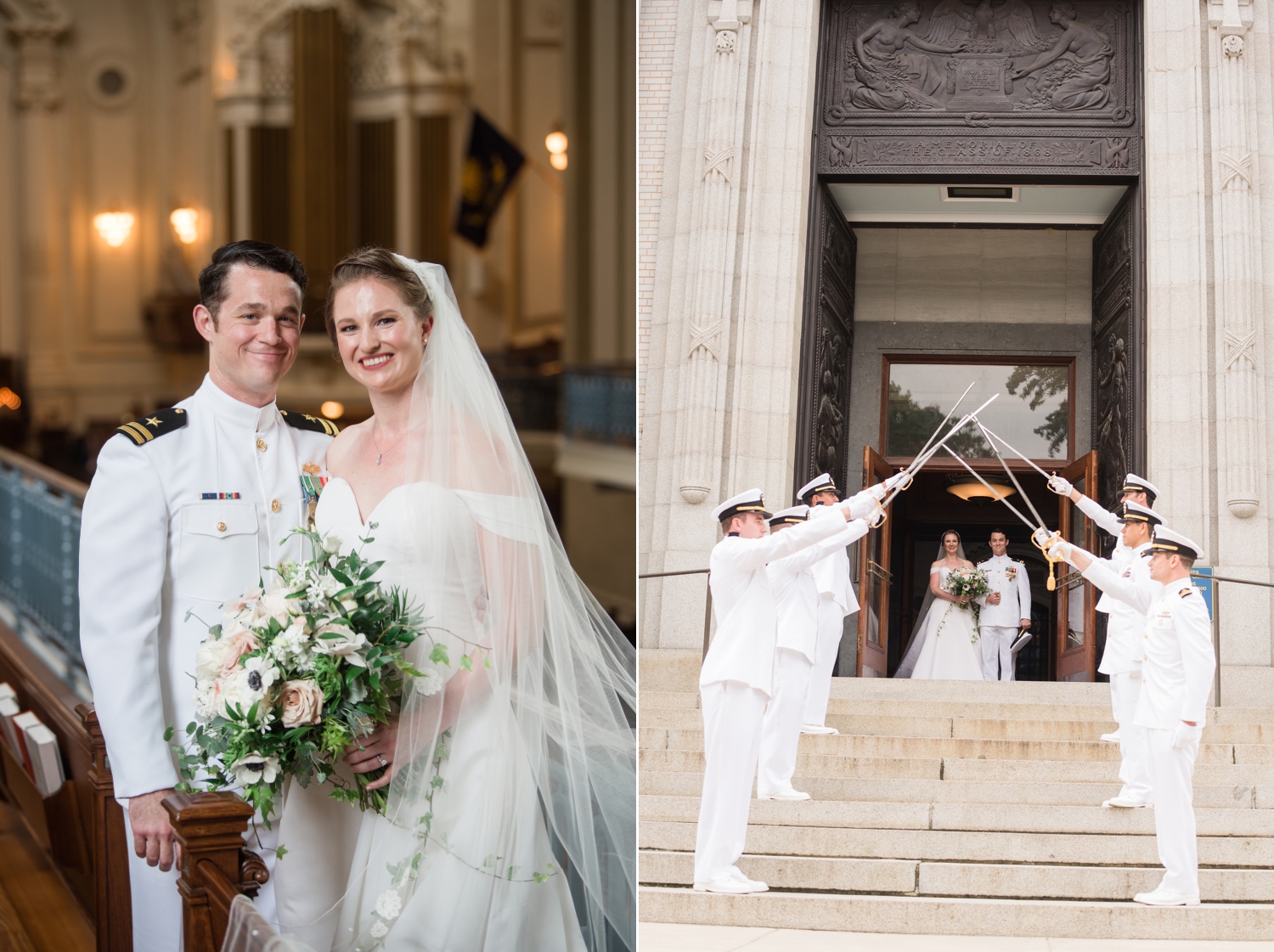 Left side image: Bride and groom smile and pose together. Right side image: Bride and groom exiting the church with groomsmen holding swords above their head.