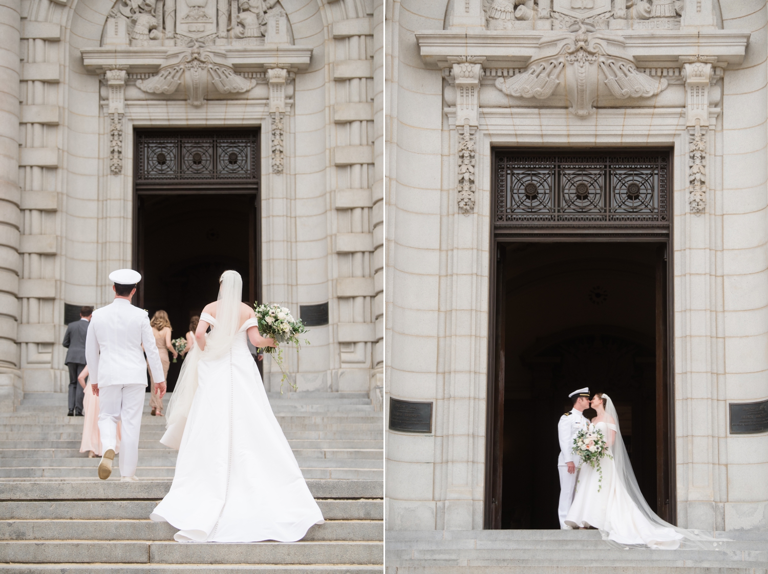 Left side image: Bride and groom walk into the Naval Chapel; backs to the camera. Right side image: bride and groom kiss in the doorway of the Naval Chapel.