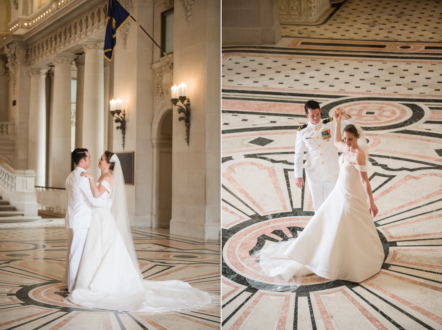 Left side image: Bride and groom stand on the ornate, marble floor of the Naval Chapel. Right side image: Shot from above, the bride and groom dancing on the ornate marble floor of the Naval Chapel.