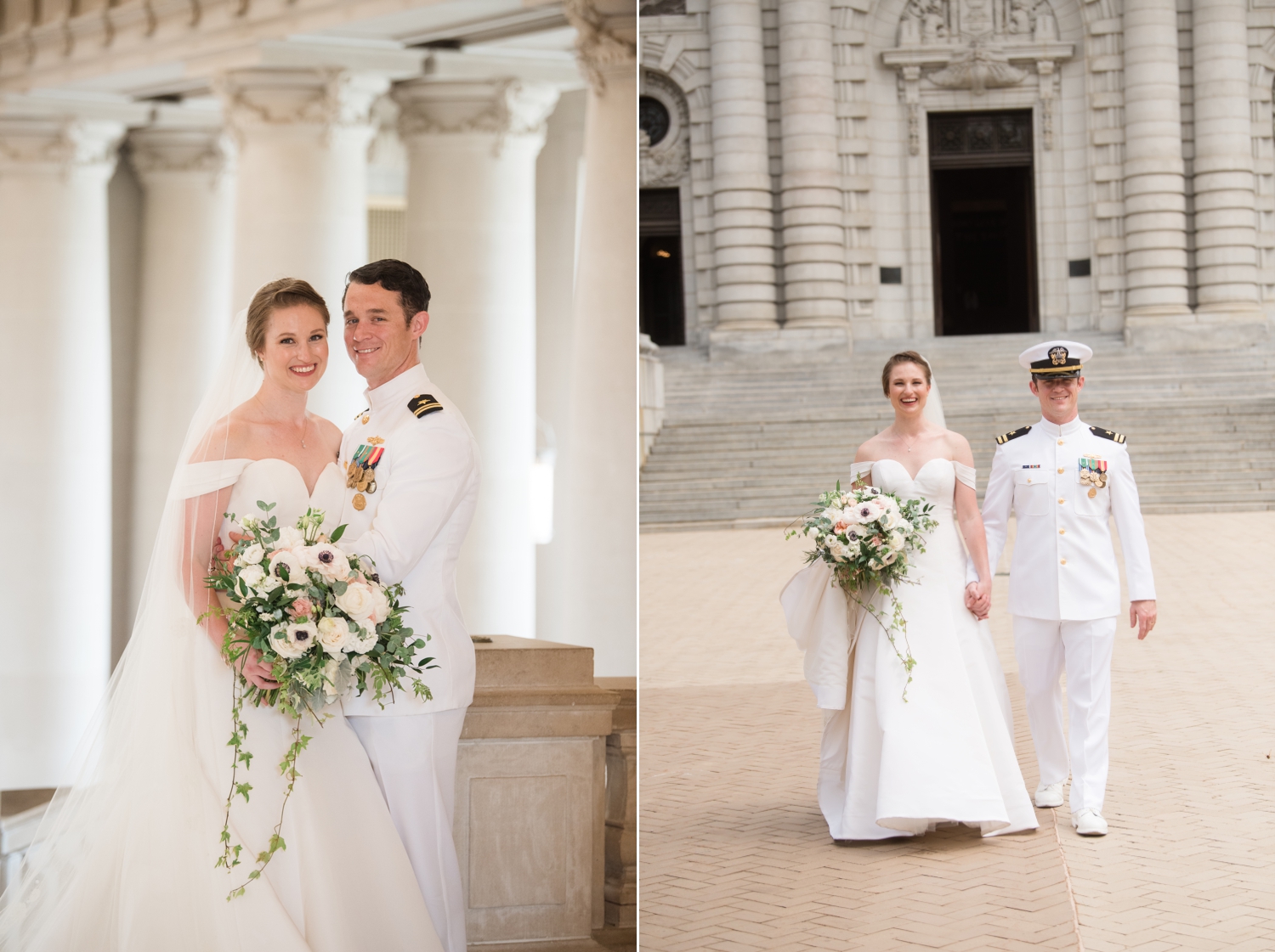 Left side image: bride and groom pose together. Right side image: Bride and groom walking together with Naval Chapel behind them.