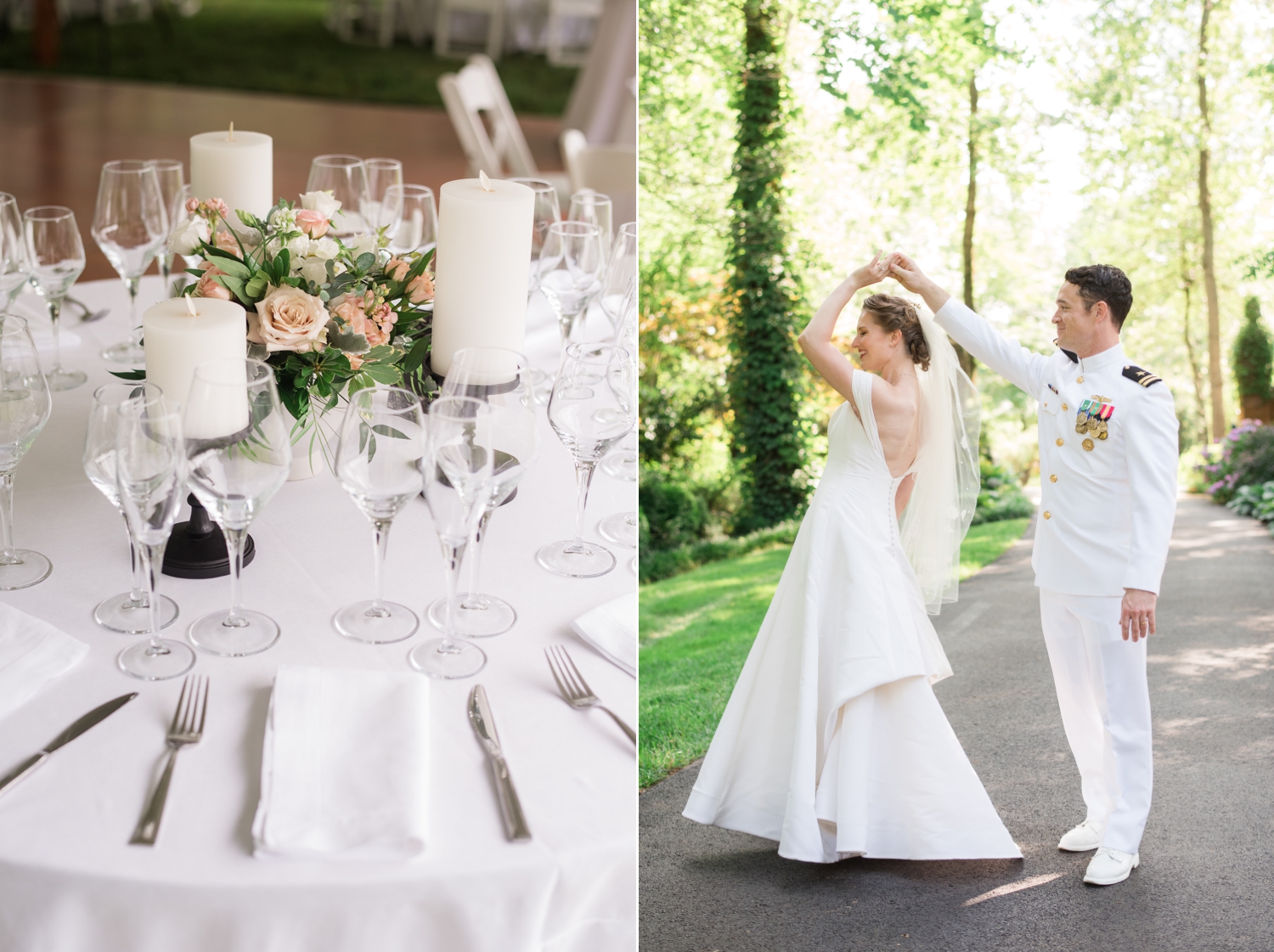 Left side image: Table setting detail shot. Right side: The groom twirls the bride in the garden path at the reception site.