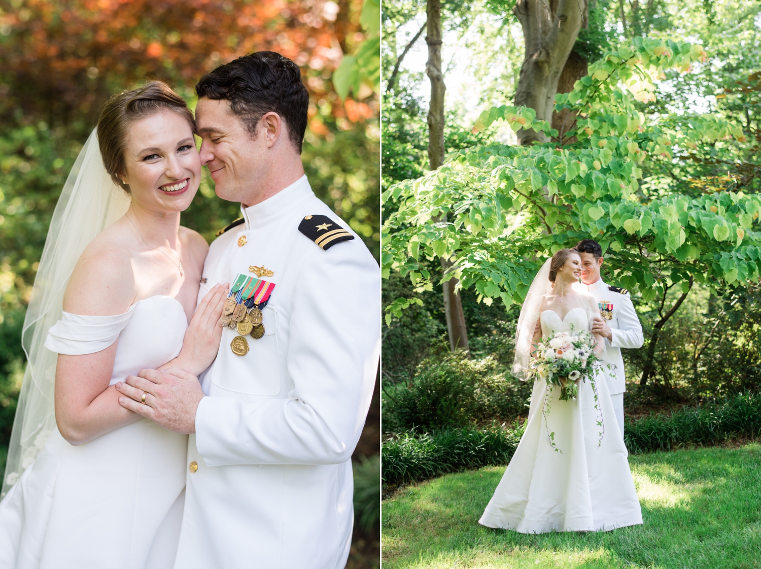 Left side image: The groom nuzzles the bride with his nose. Right side: Bride and groom pose in the gardens.