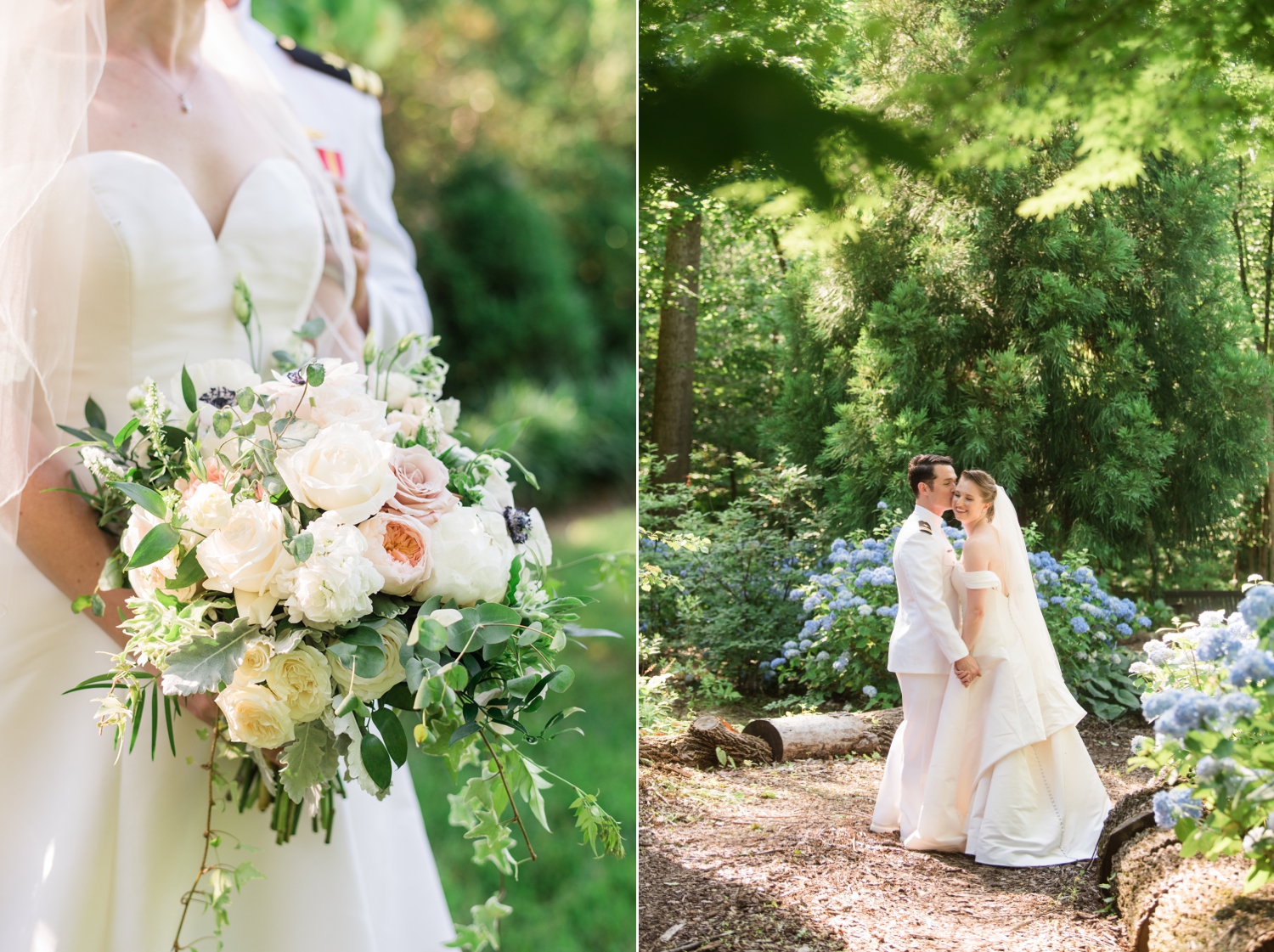 Left side: bride holding the bouquet against her dress. Right side: bride and groom pose together.