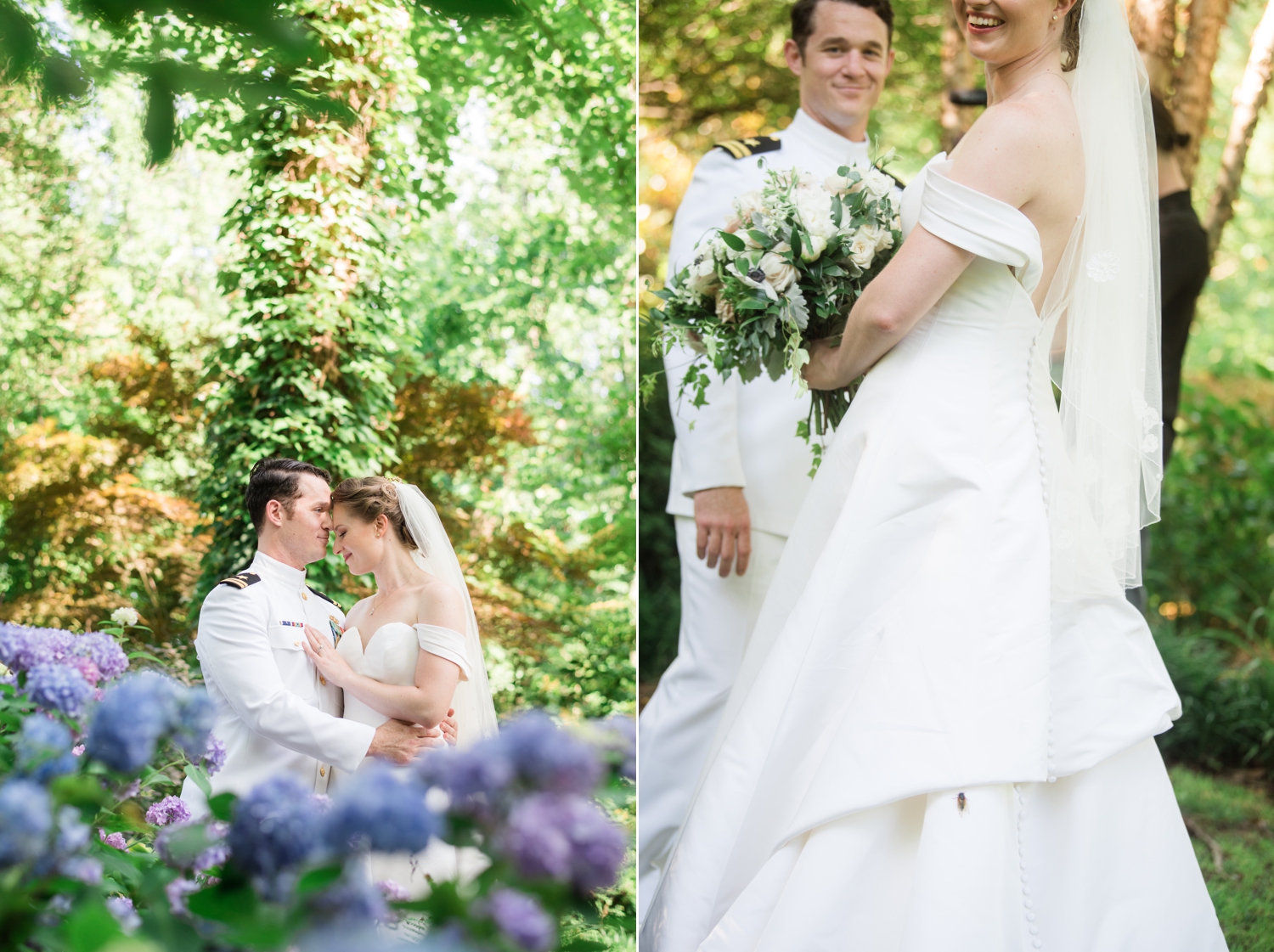 left side image: Bride and groom kiss in the gardens amongst purple and blue hydrangea. Right side image: bride and groom pose together.