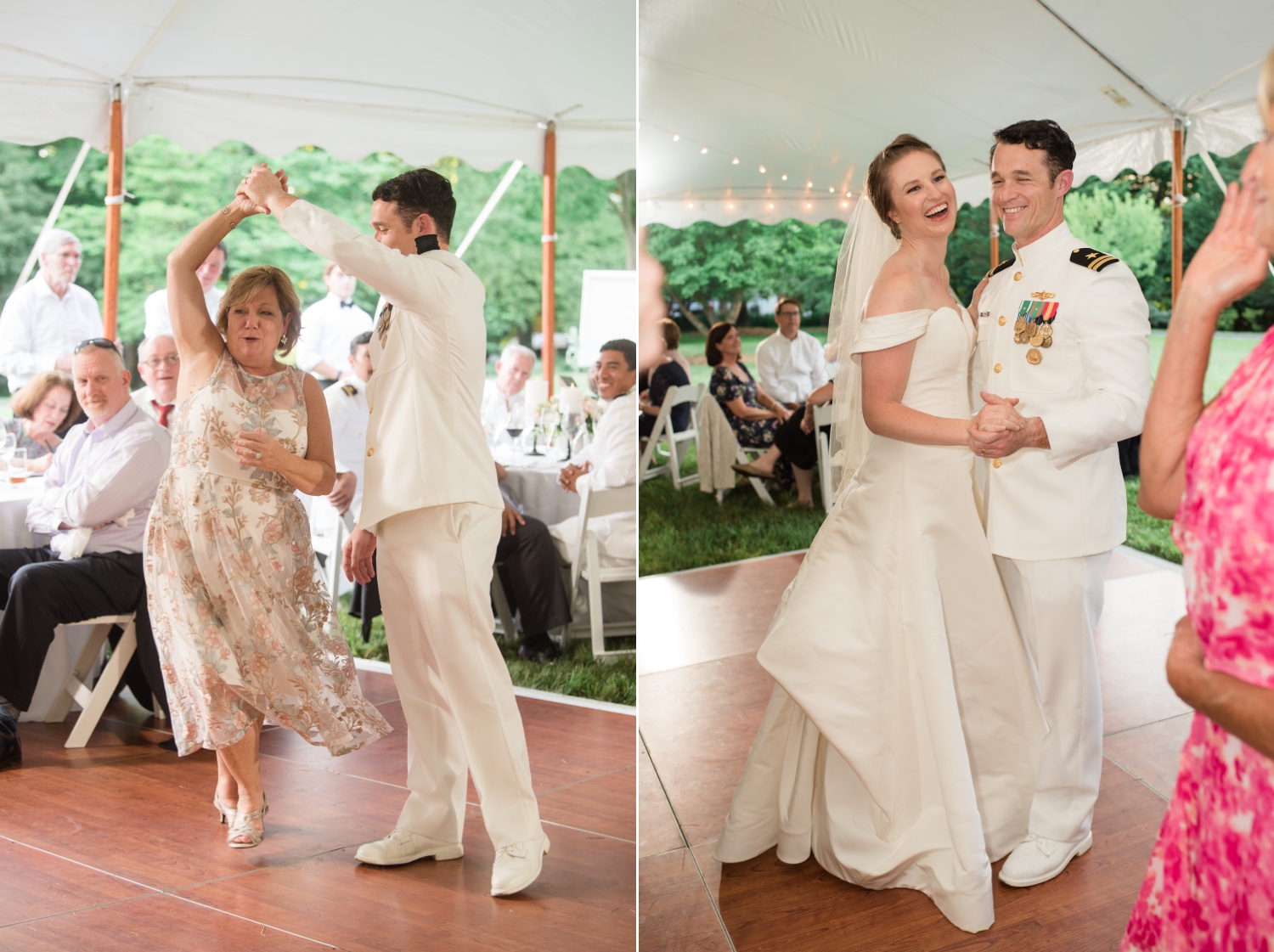 Left side: groom twirls his mother during mother-son dance. Right side image: bride and groom laugh while dancing together