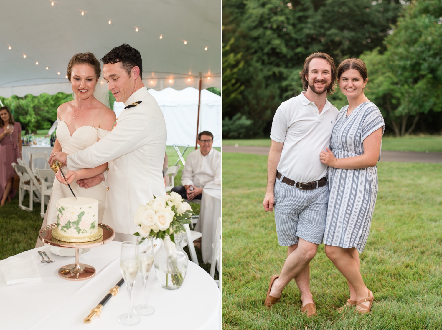 Left side image: Bride and groom cut their wedding cake. Right side image: guests enjoying the reception