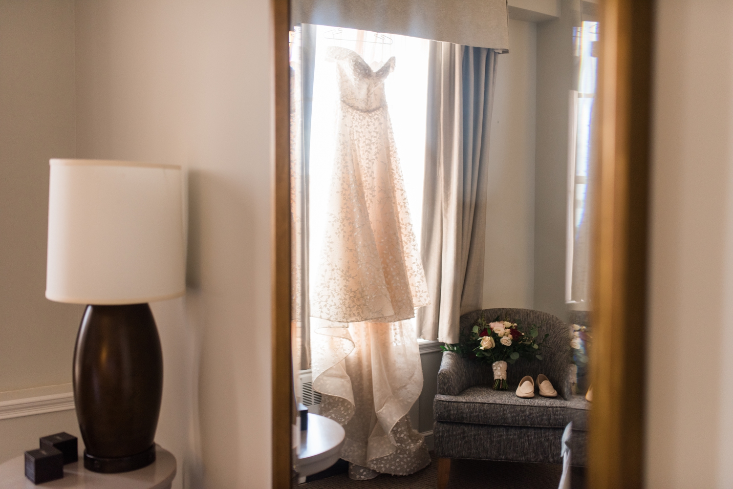 bride's dress in the window