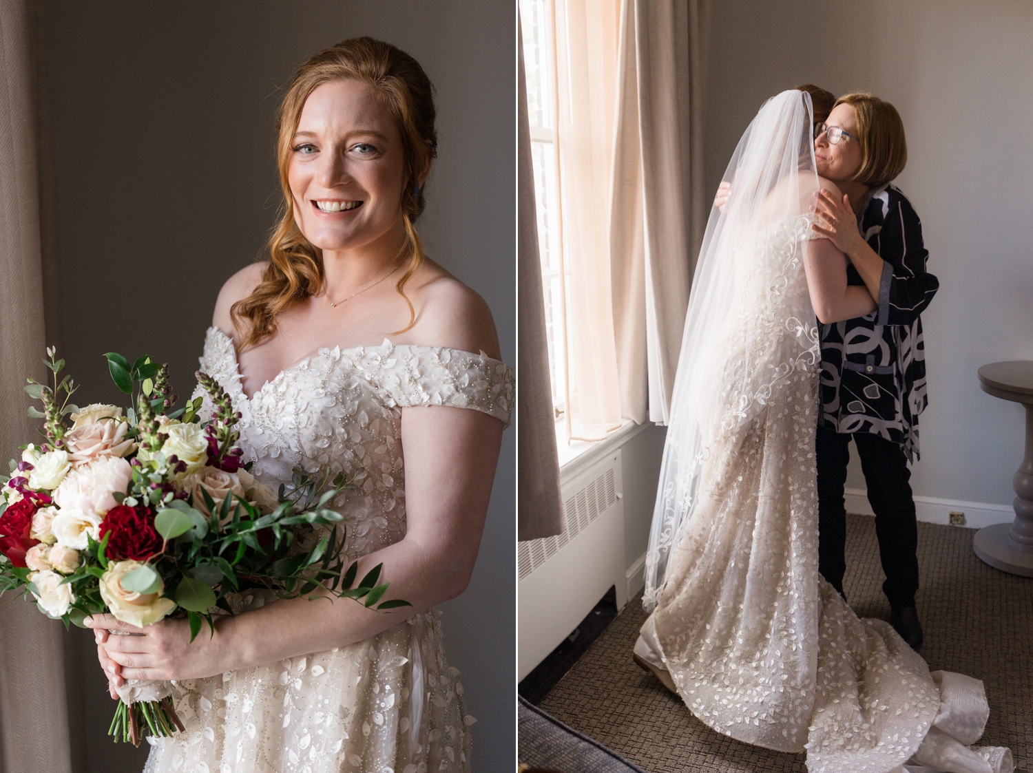 bride poses and hugs family member