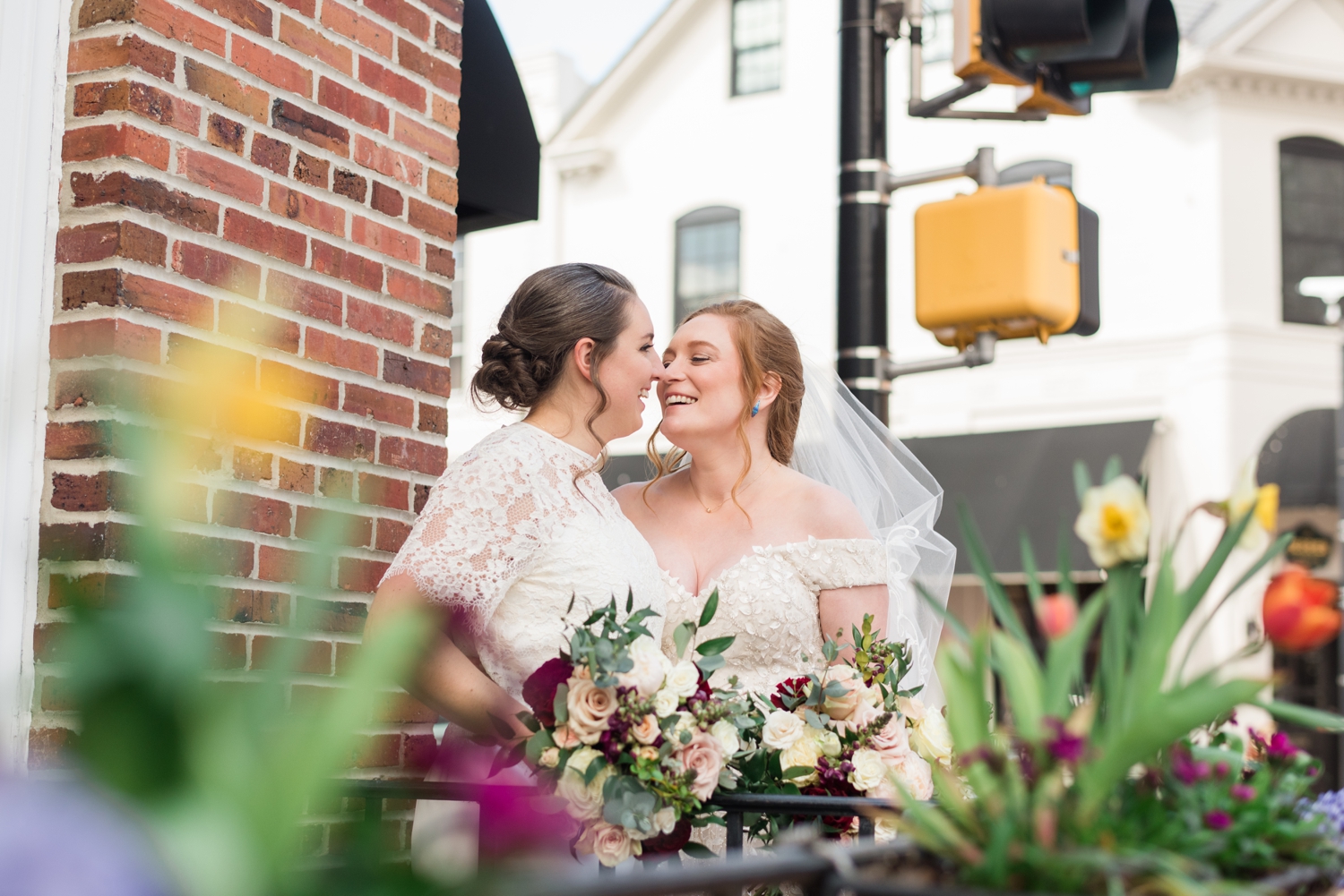 the brides smile together