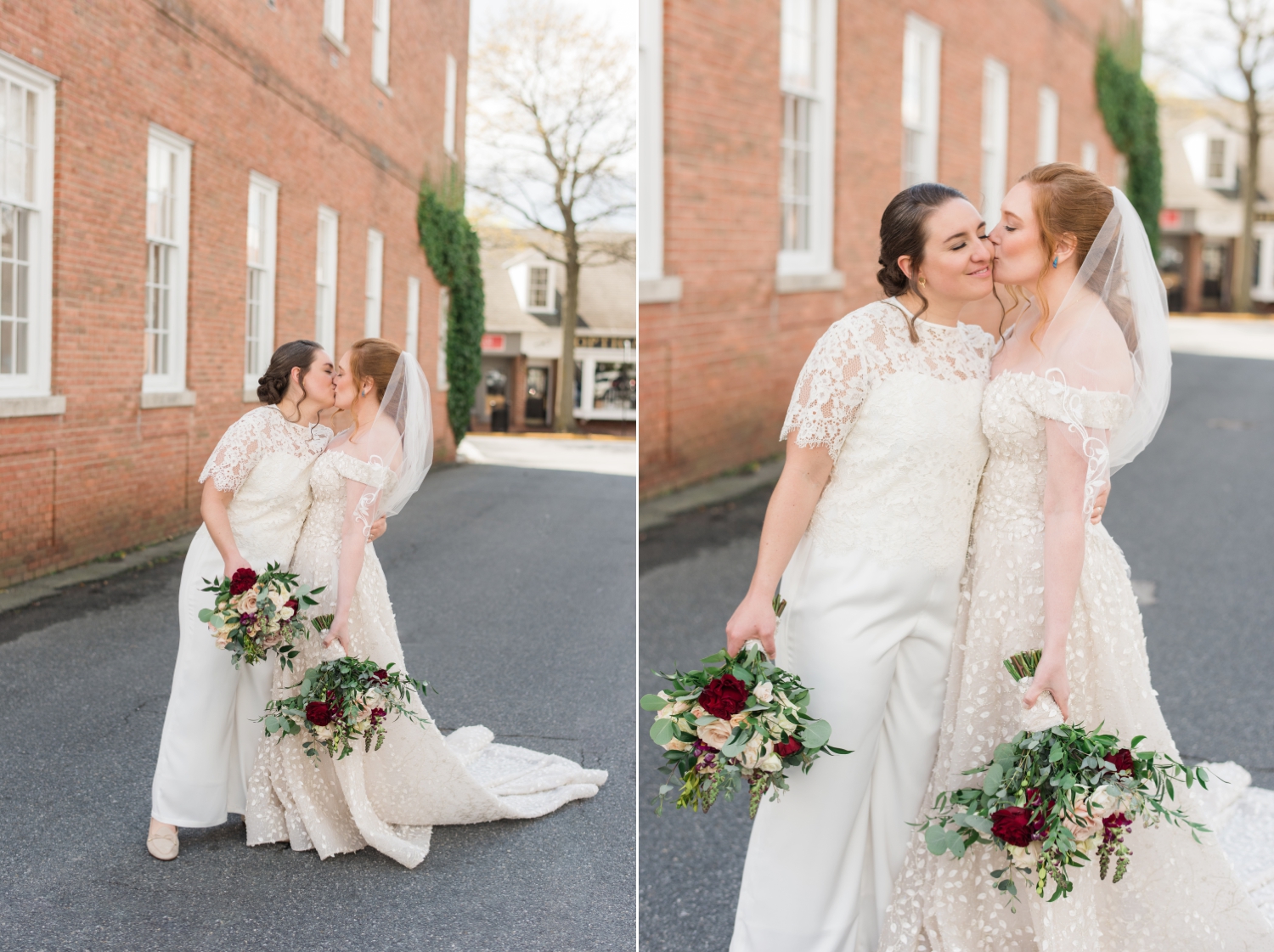 couple kisses holding their bouquets