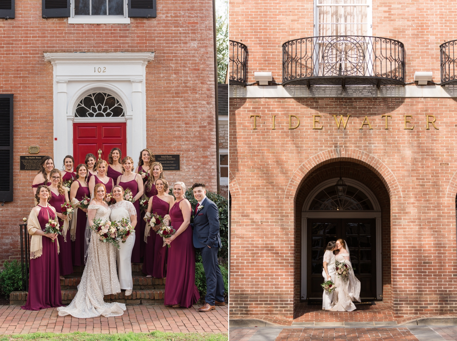 brides pose with bridal party