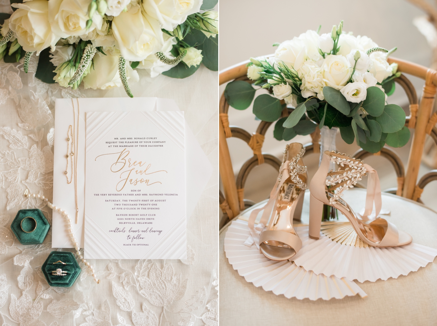 wedding invitations, jewelry and flowers are photographed flat against lace