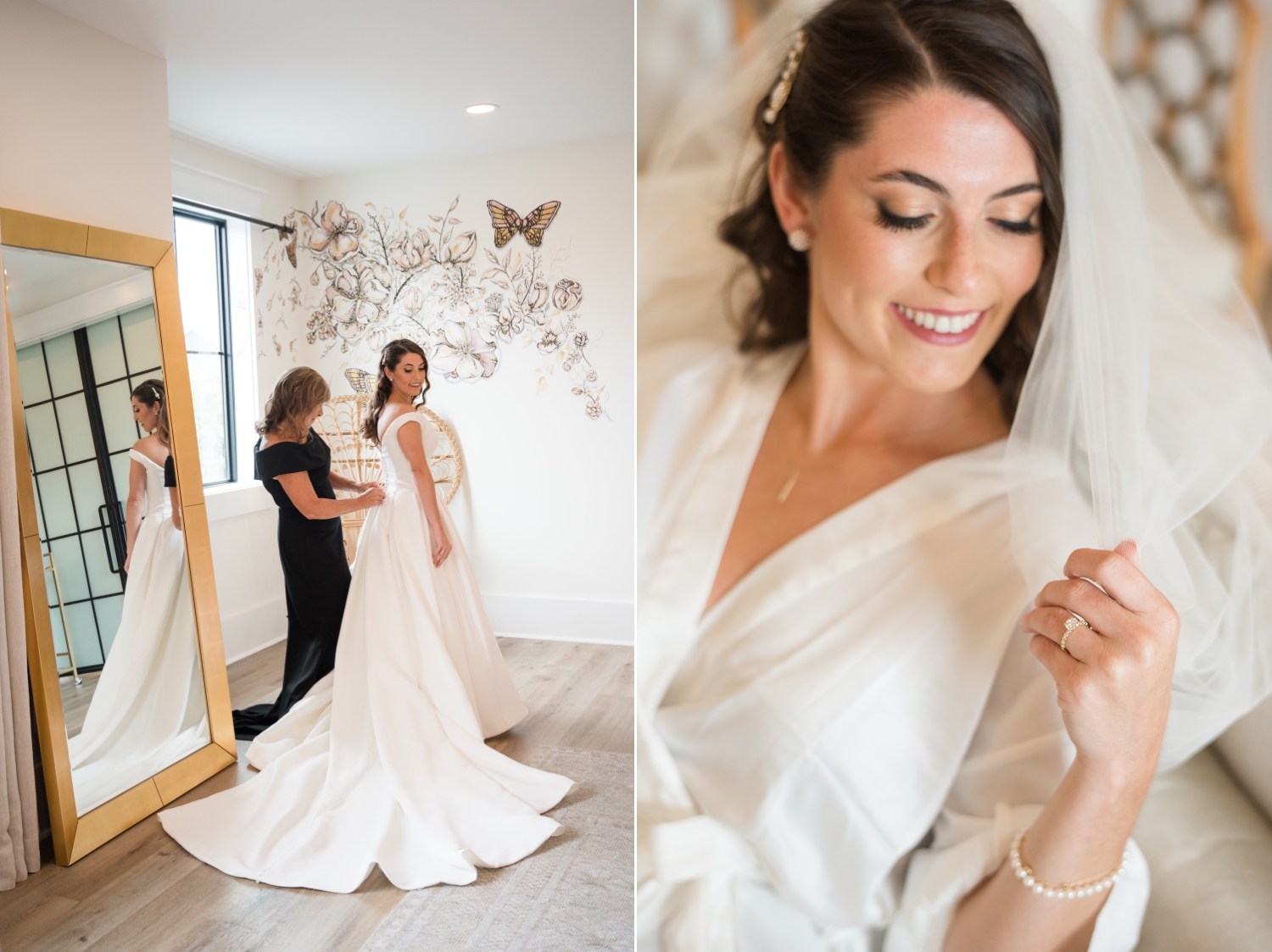 bride's mother makes final adjustments