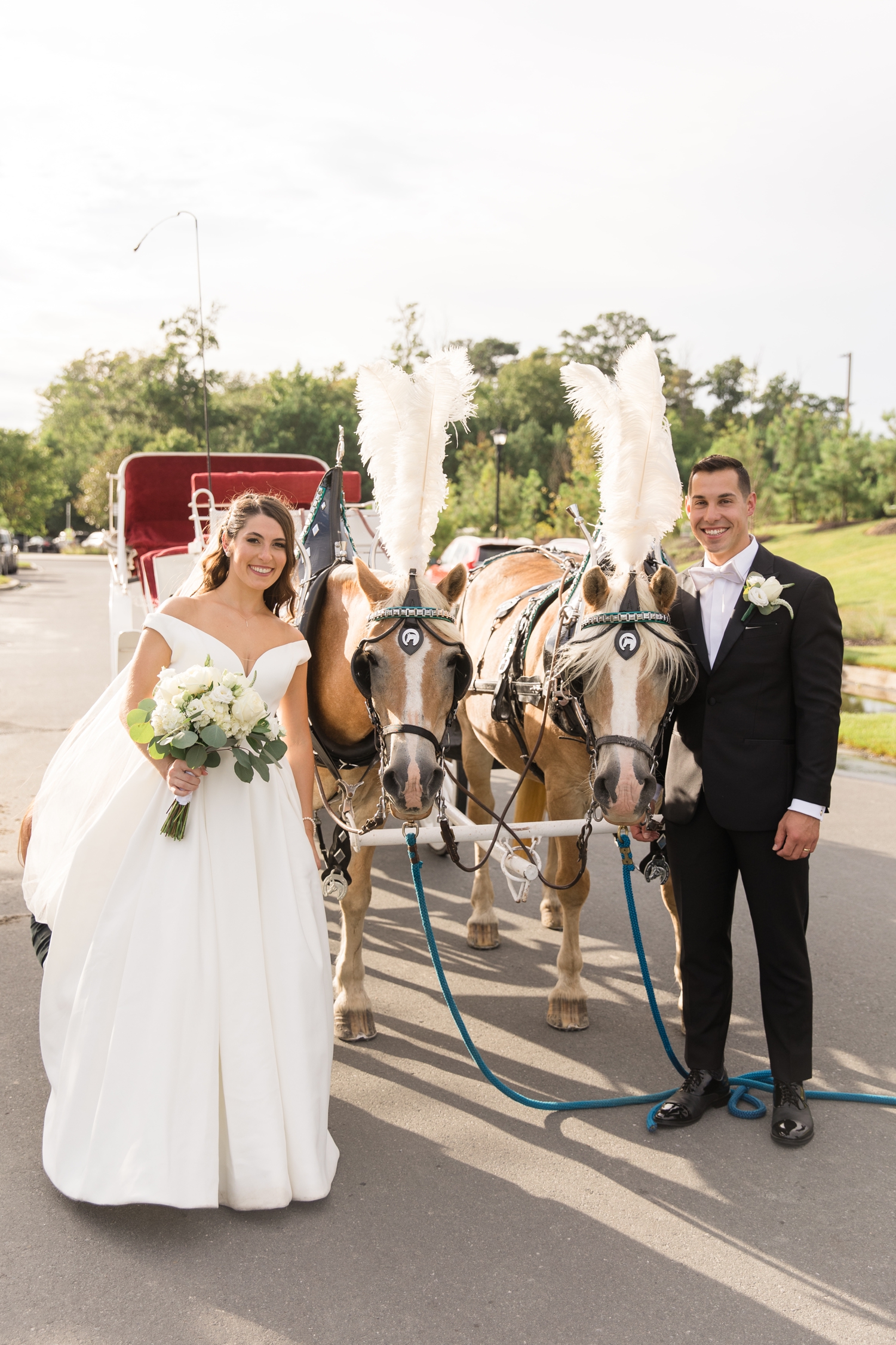 bride and groom with horse and carriage