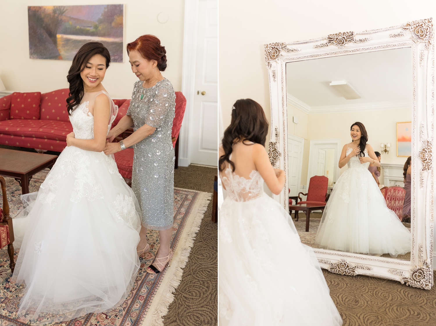 bride gets into her dress at Hyatt Regency Bethesda