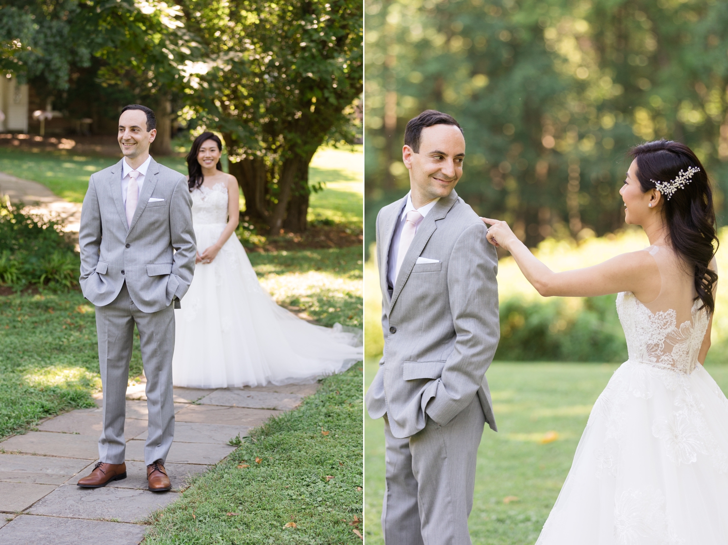 bride and groom share first look on the grounds of Woodend Sanctuary & Mansion 