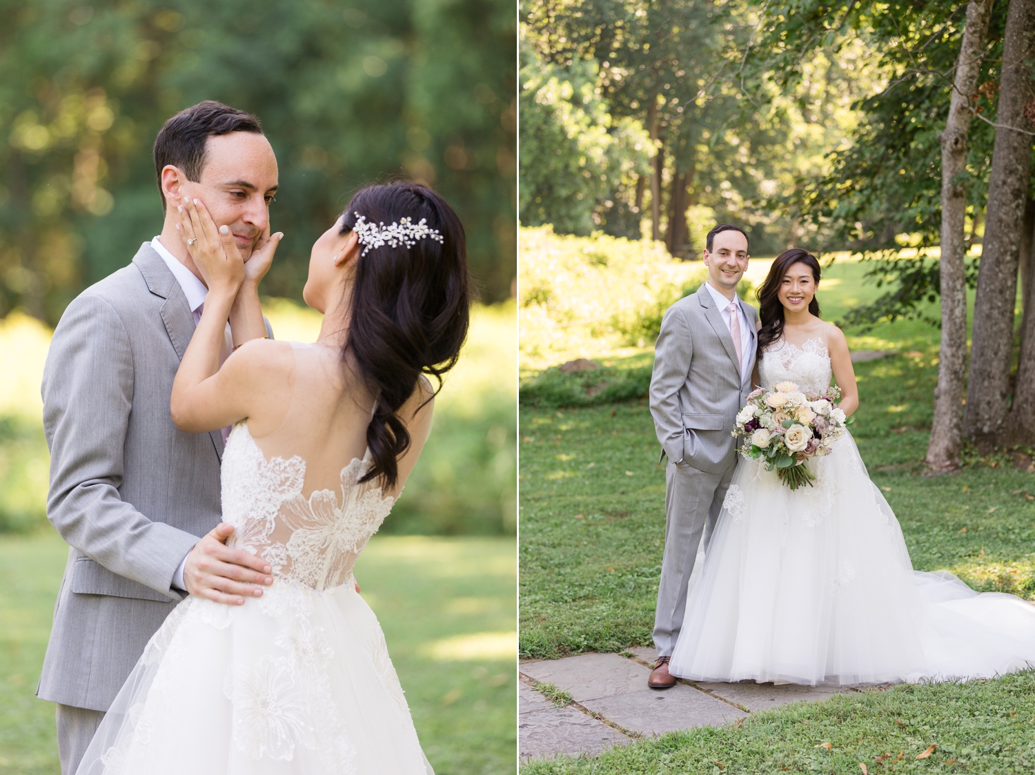 bride and groom share first look on the grounds at Woodend Sanctuary & Mansion 