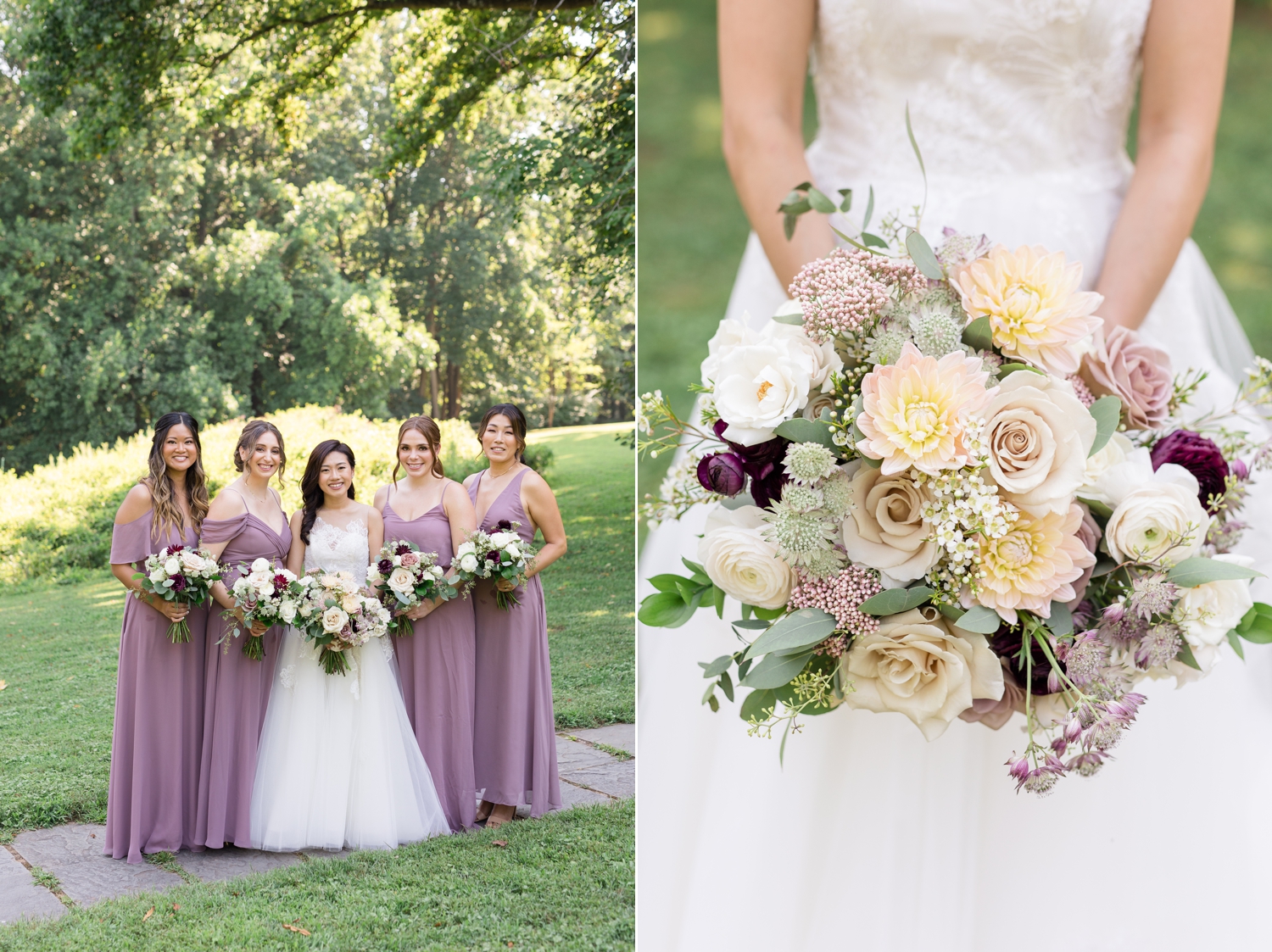 bridesmaids pose with bride on the grounds at Woodend Sanctuary & Mansion 