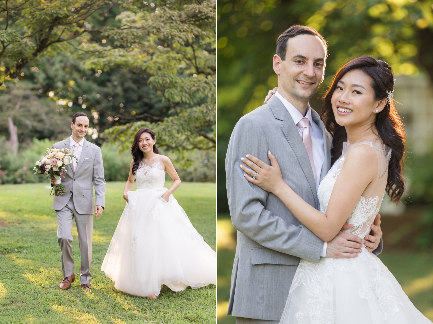 bride and groom pose on the grounds at Woodend Sanctuary & Mansion 