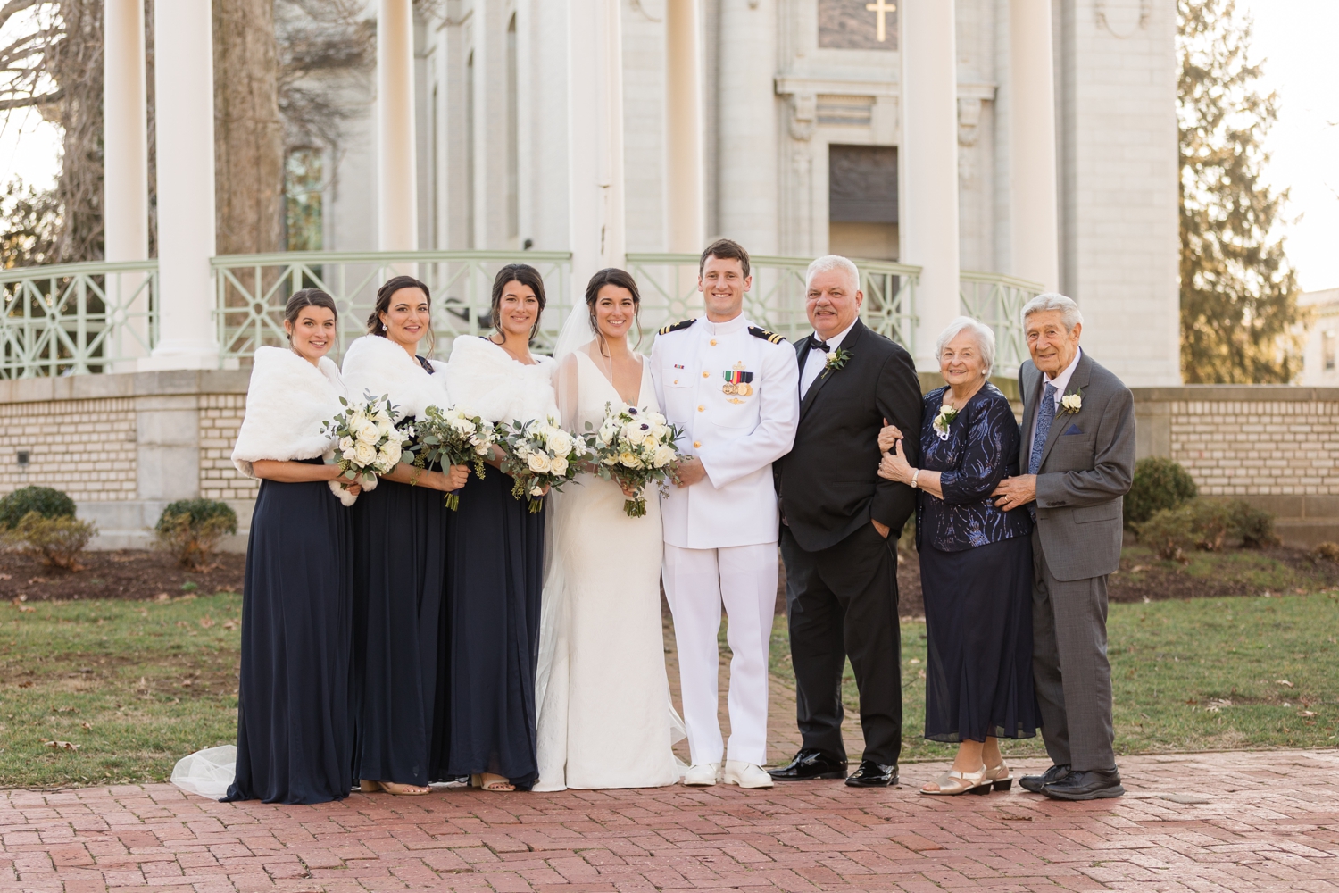 Annapolis Downtown USNA wedding family formal at Chapel Stribling walk gazebo