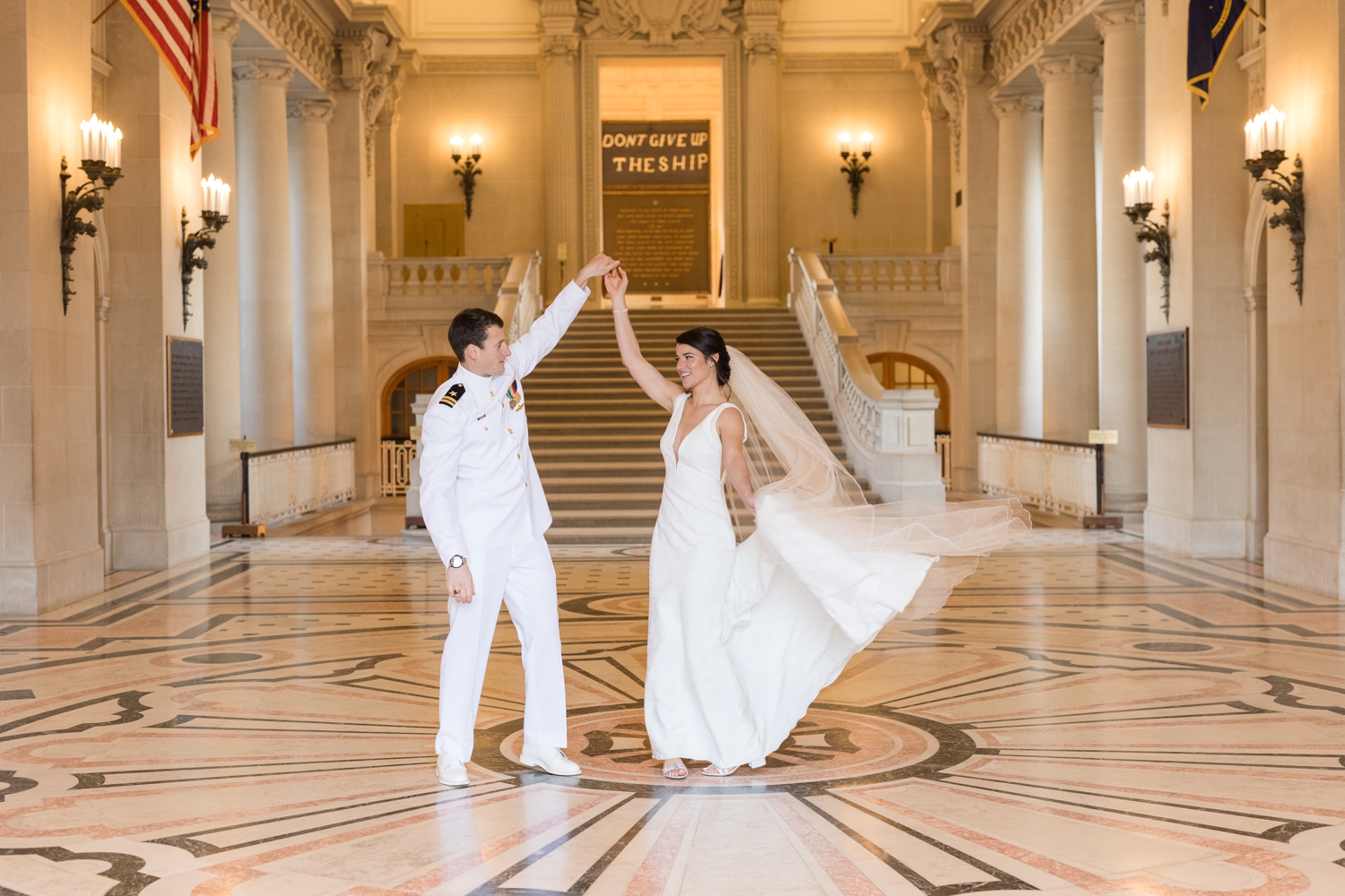 Annapolis Downtown USNA wedding couple at rotunda in Memorial Hall