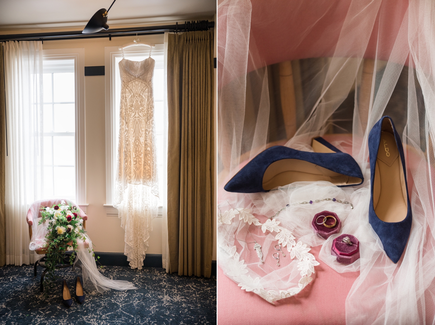 Hotel Revival Wedding details, blush chair and Rue de Seine Wedding dress