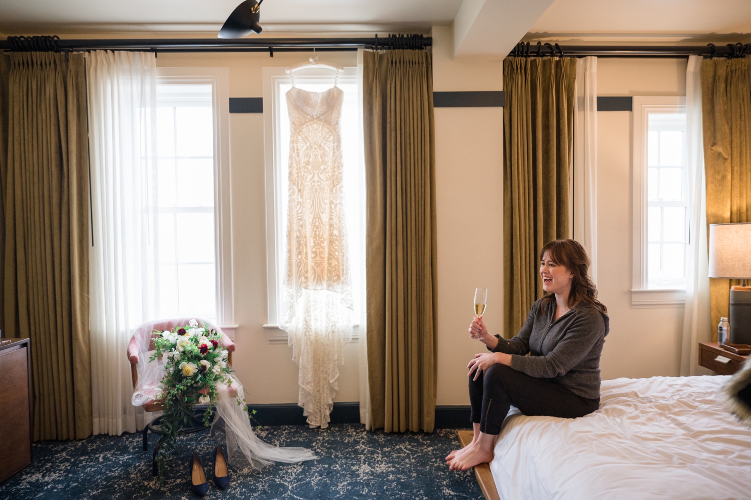 Hotel Revival Wedding details, blush chair and Rue de Seine Lovely DC wedding dress