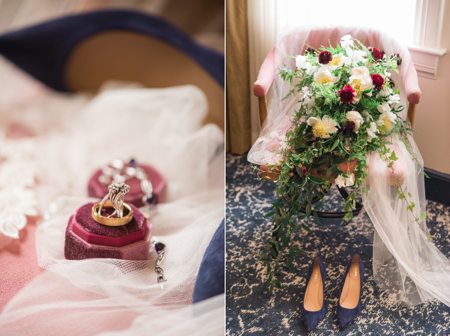 Hotel Revival Wedding details, blush chair and Rue de Seine Lovely DC wedding dress