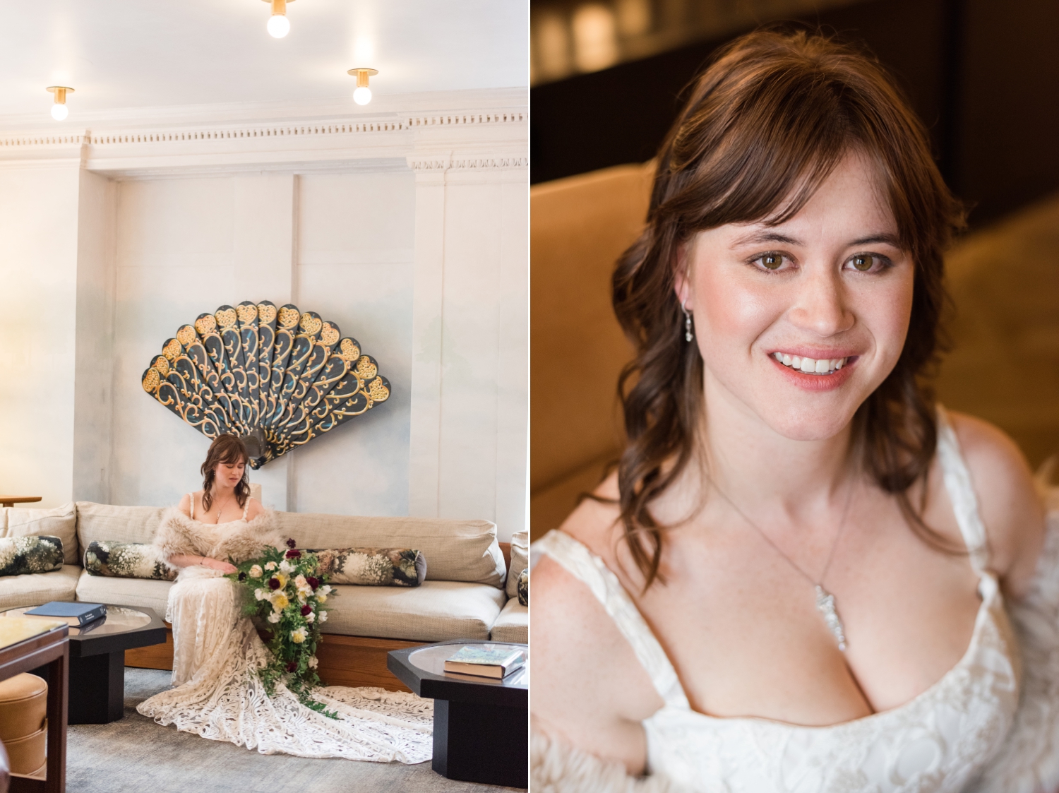 Hotel Revival Wedding details, blush chair and Rue de Seine Lovely DC wedding dress