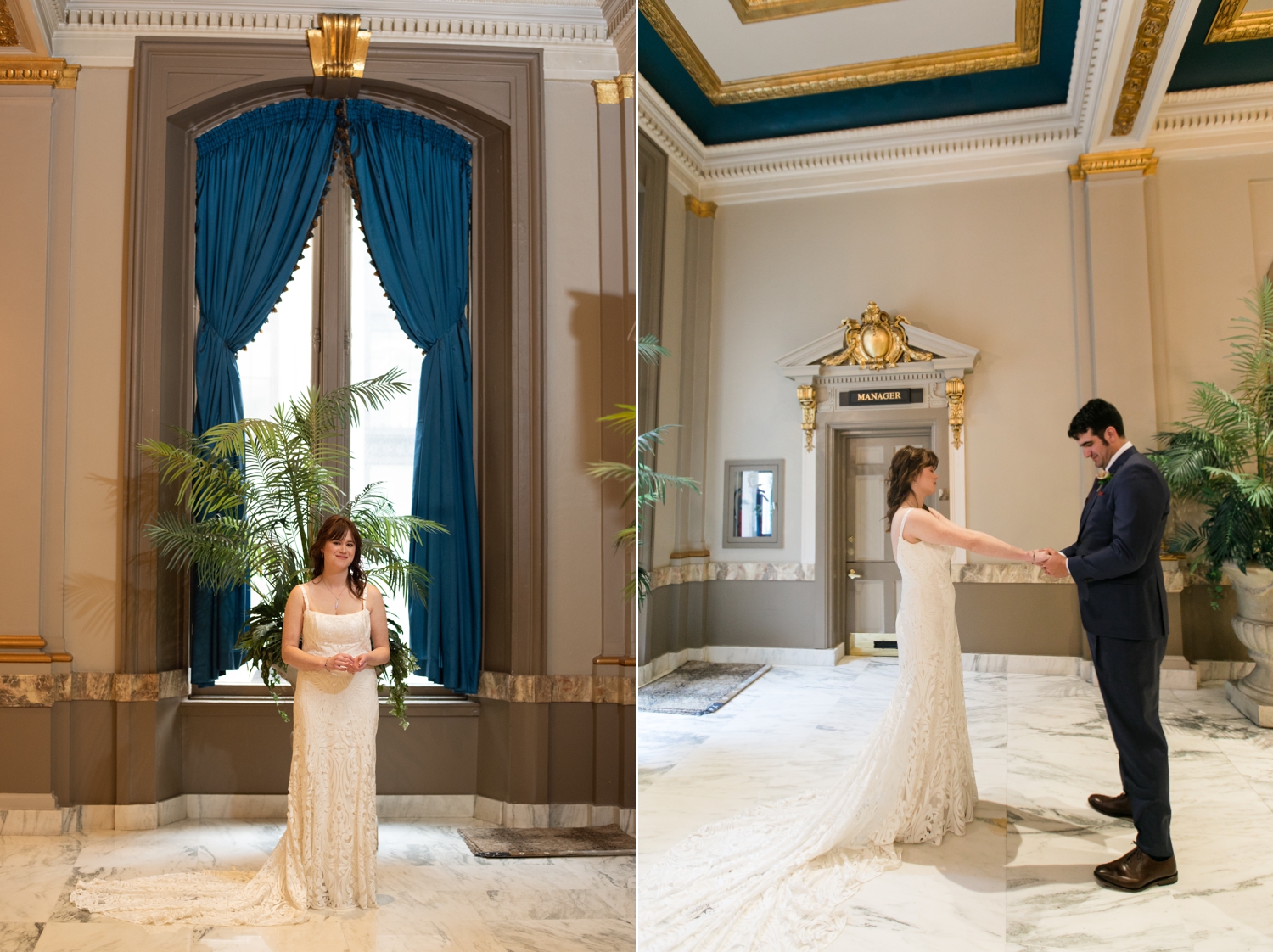 Hotel Revival Wedding details, blush chair and Rue de Seine Lovely DC wedding dress