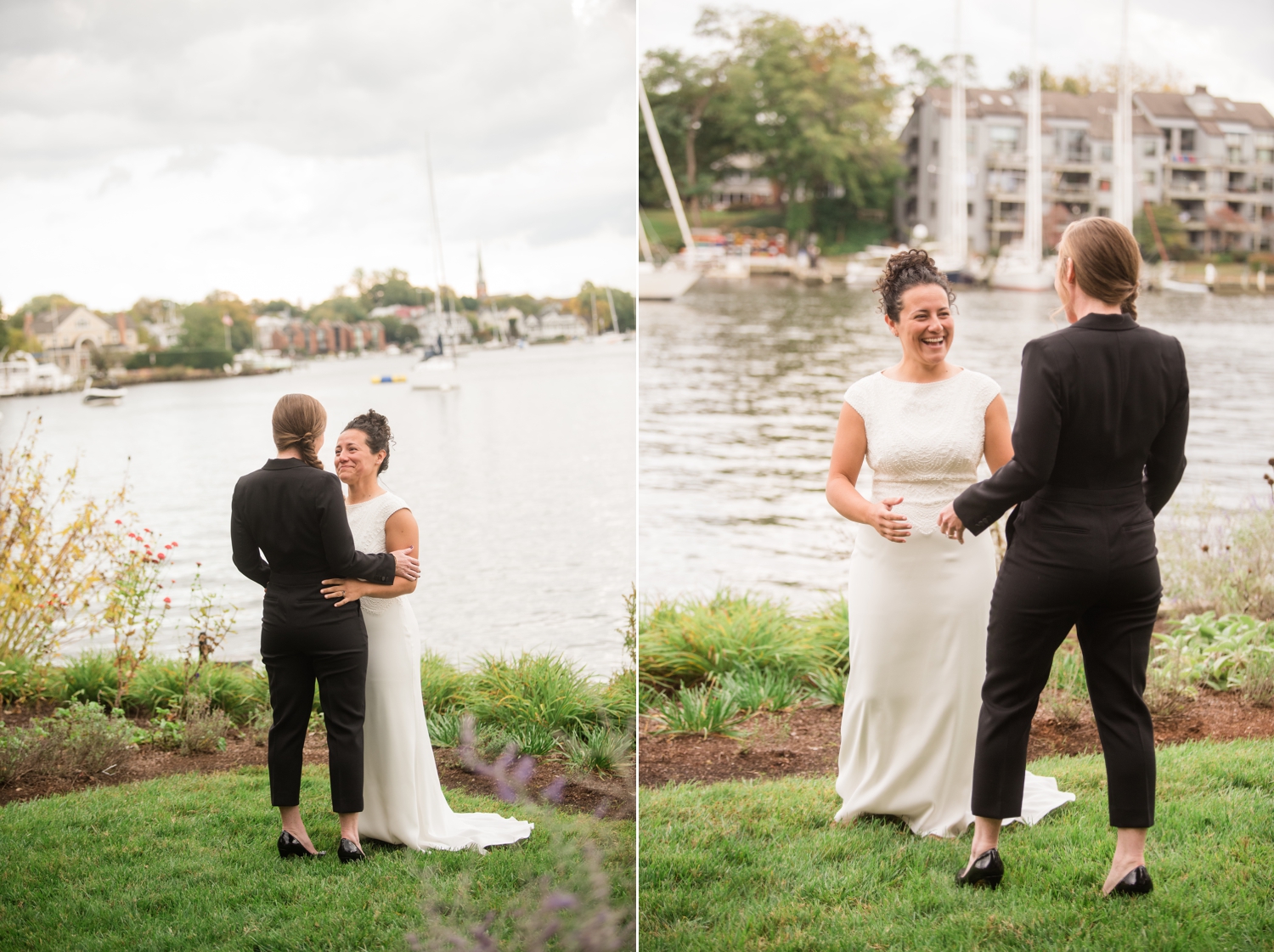 Annapolis Wedding two brides first look on Chesapeake Bay