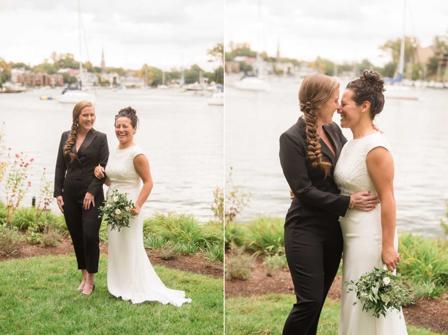 two brides white dress and black jumper suit overlooking Annapolis Bay