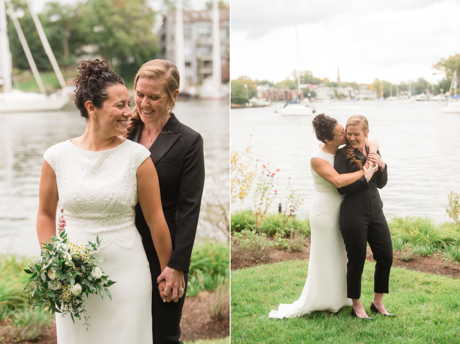 two brides white dress and black jumper suit overlooking Annapolis Bay