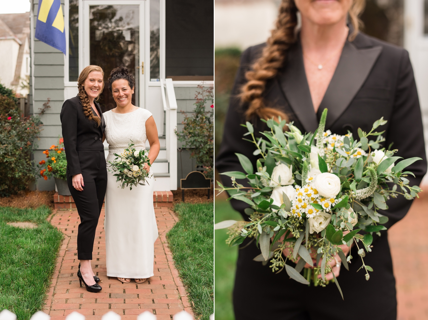 two brides white dress and black jumper suit overlooking Annapolis Bay