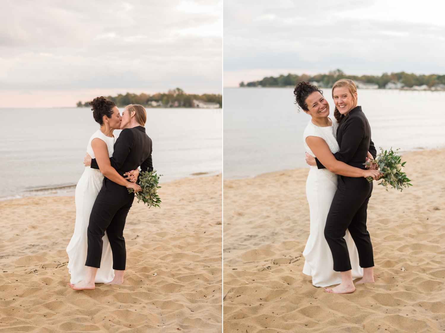 epic Chesapeake Bay Foundation beach wedding photos of couple in black jumper and white dress