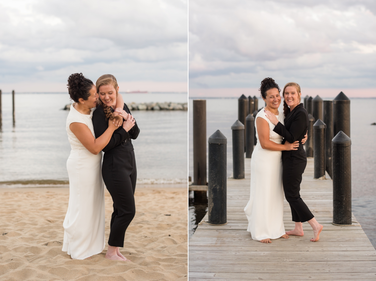 epic Chesapeake Bay Foundation beach wedding photos of couple in black jumper and white dress