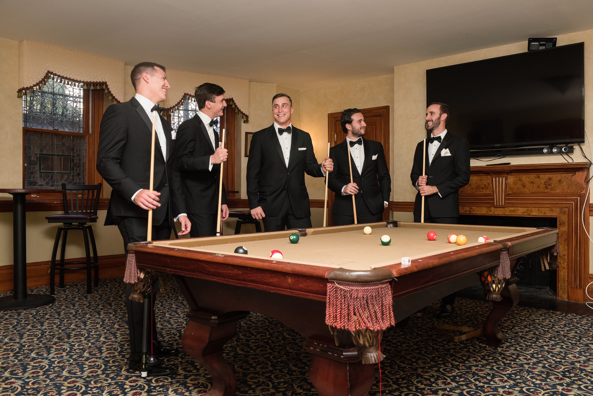 Engineers Club Mt Vernon wedding groomsmen at a pool table