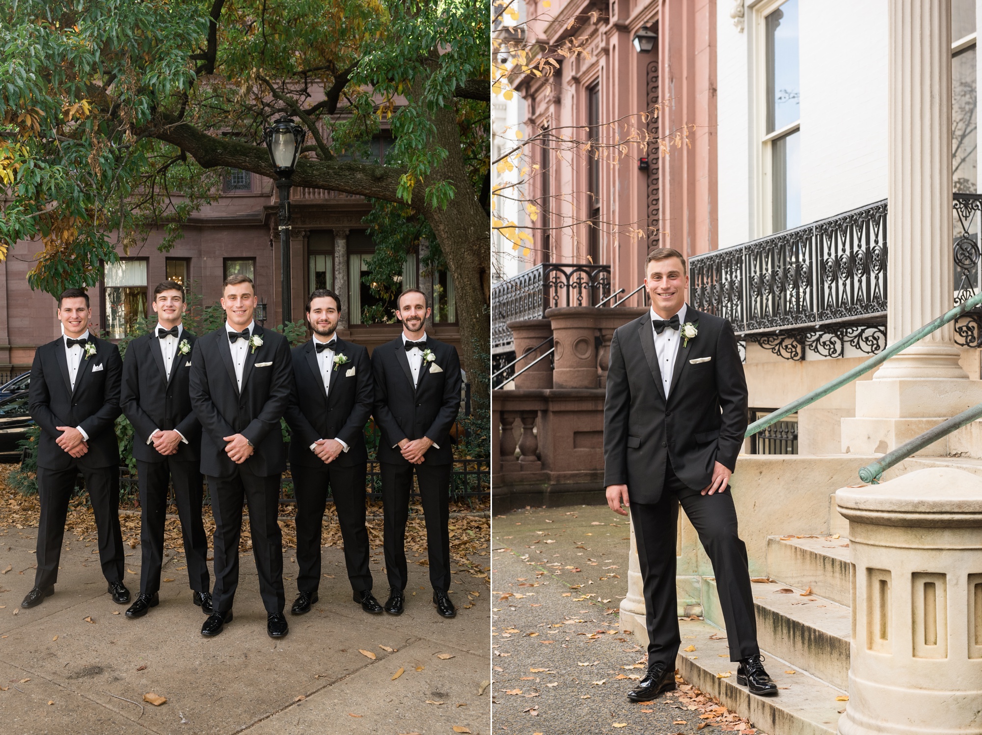 Engineers Club Mt Vernon wedding groomsmen outside in washington monument square