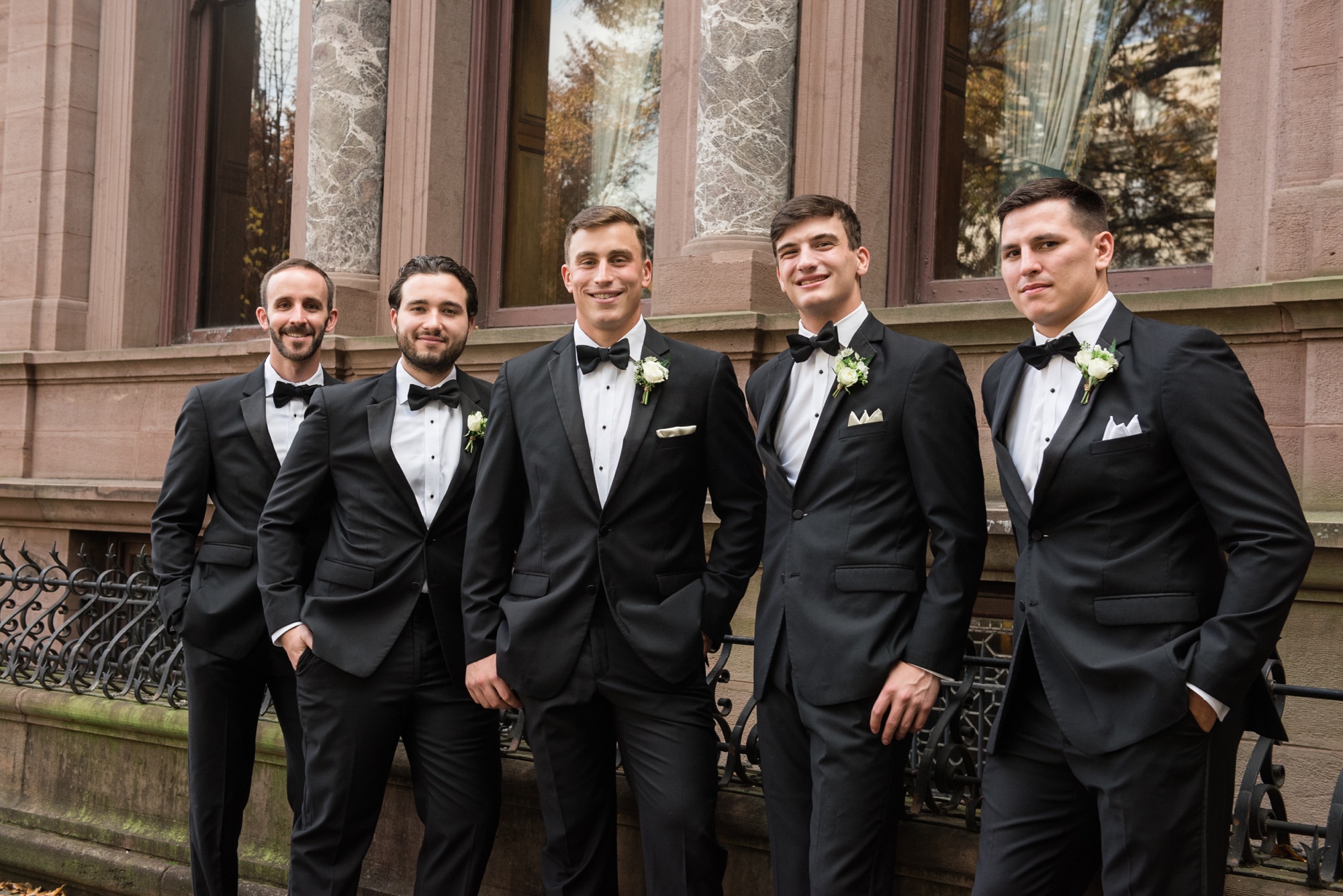 Engineers Club Mt Vernon wedding groomsmen outside in washington monument square