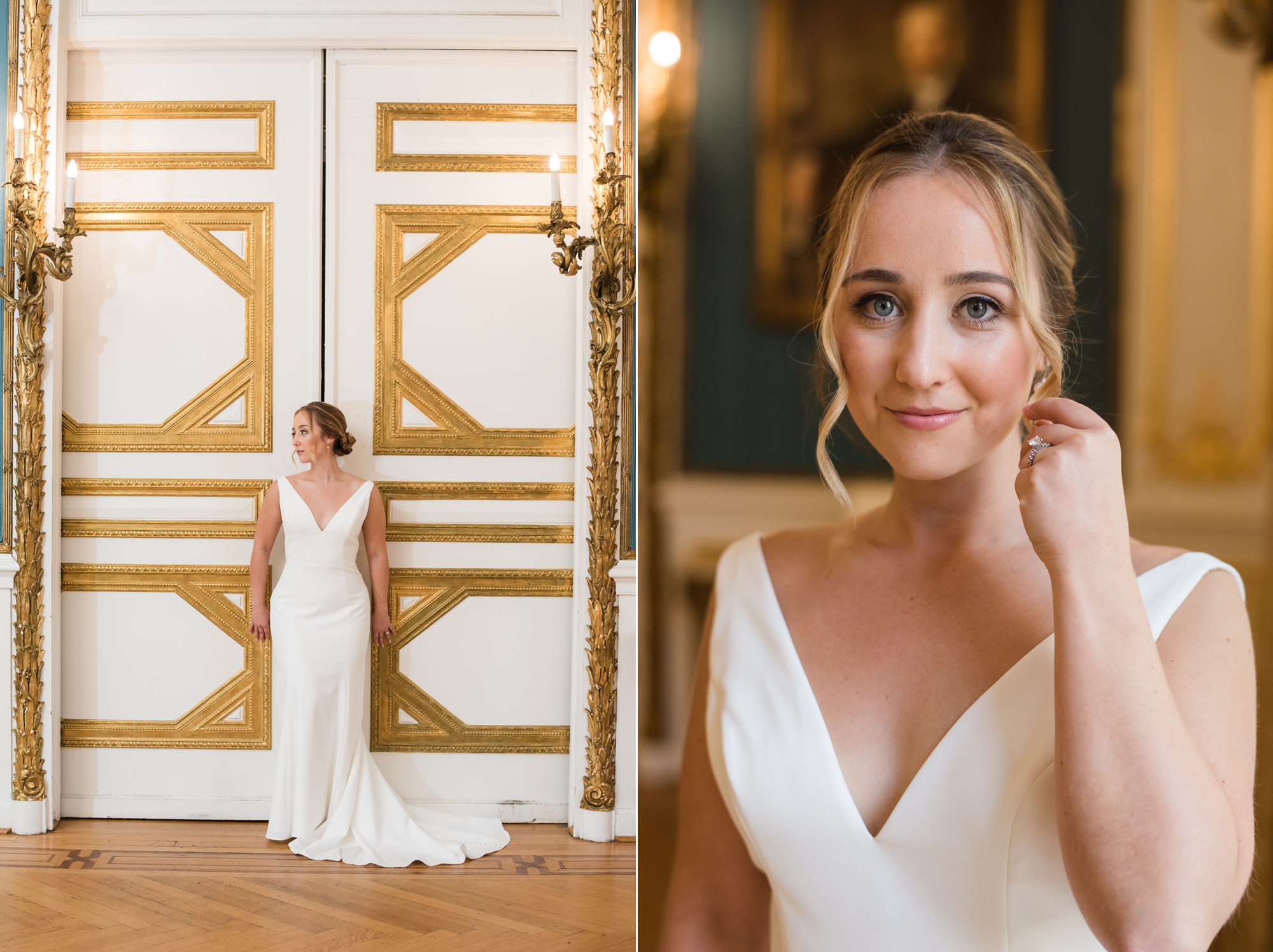 Engineers Club Mt Vernon wedding bride details in front of gold doors