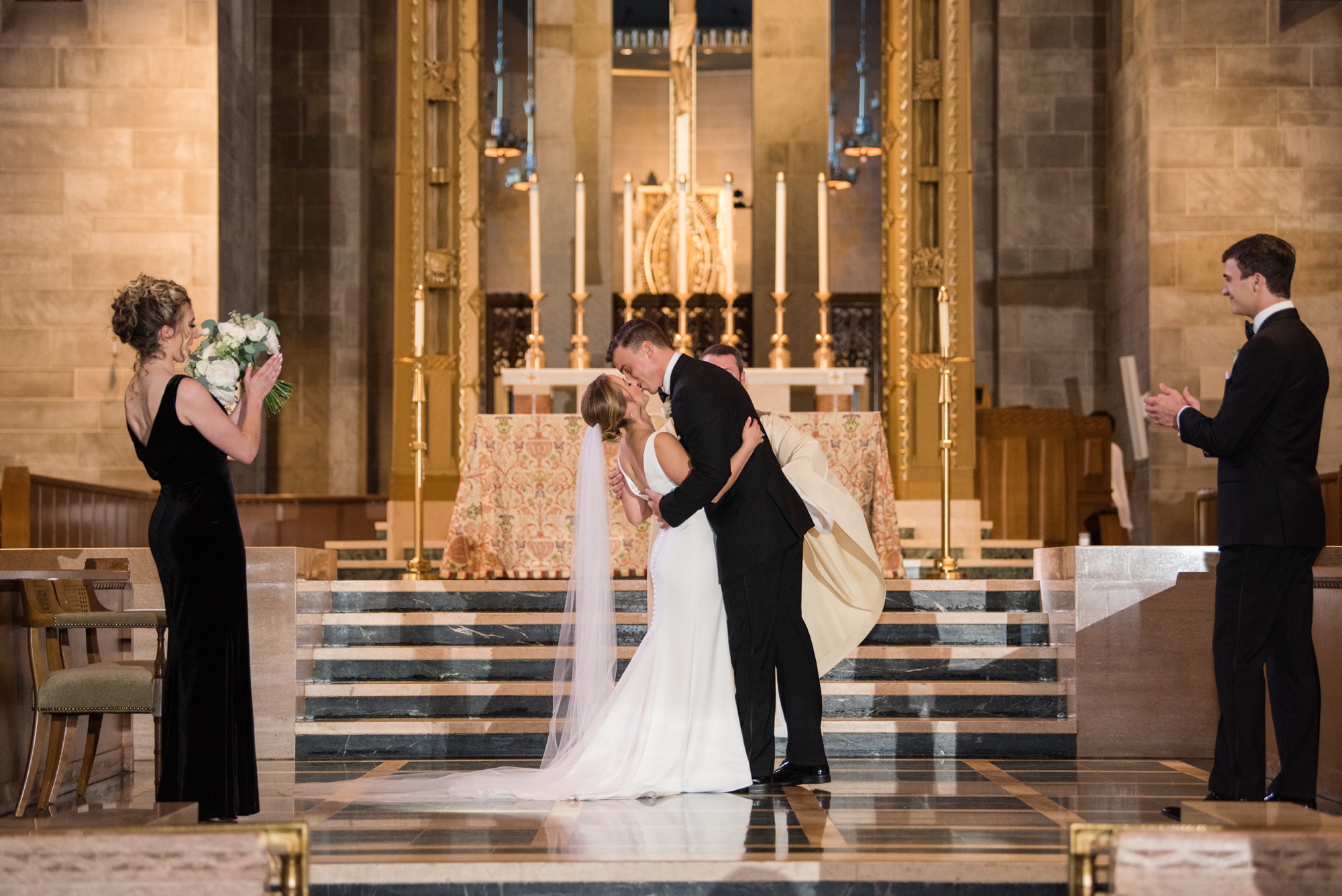 Cathedral of Mary our Queen wedding ceremony first kiss