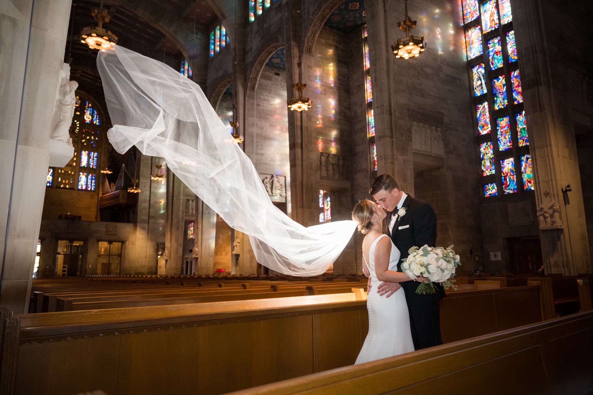 Cathedral of Mary our Queen wedding ceremony epic cathedral veil