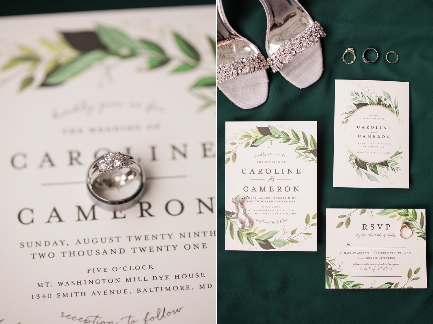 Baltimore Marriott wedding prep details styled on dark green