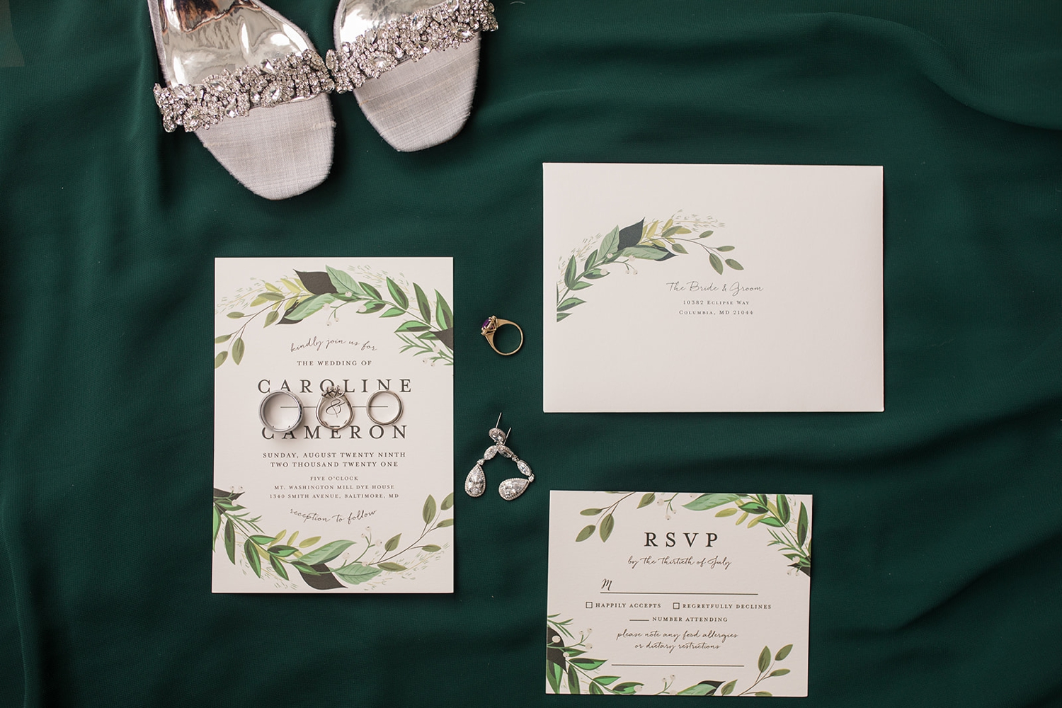 Baltimore Marriott wedding prep details styled on dark green