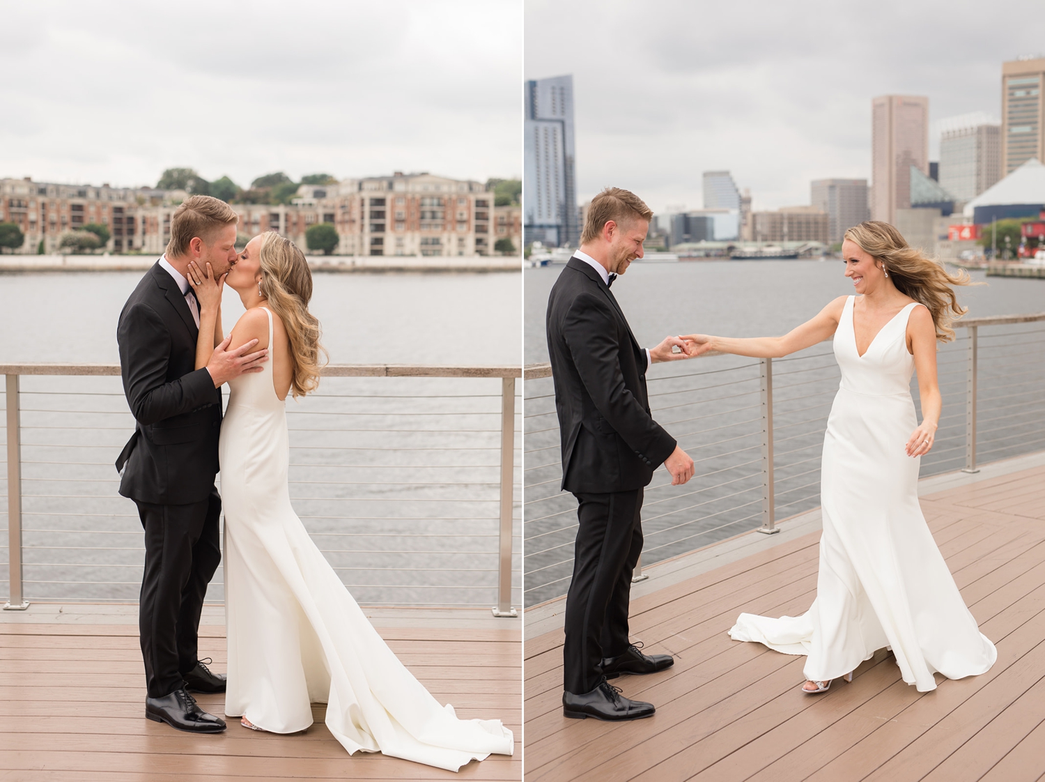 Baltimore harbor first look with bride and groom in black tux