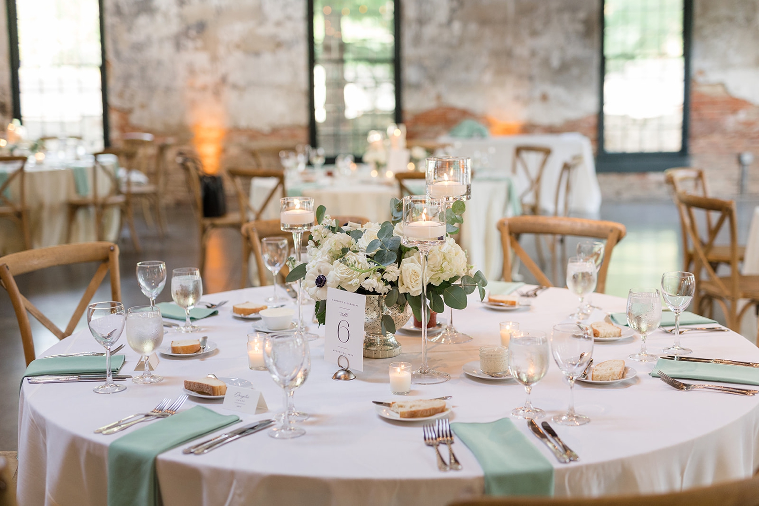 Mt Washington Mill Dye House indoor white wedding reception details