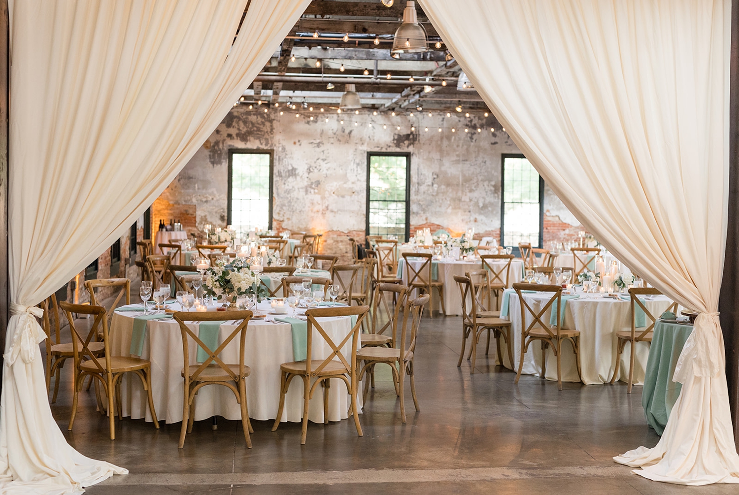 Mt Washington Mill Dye House indoor white wedding reception details