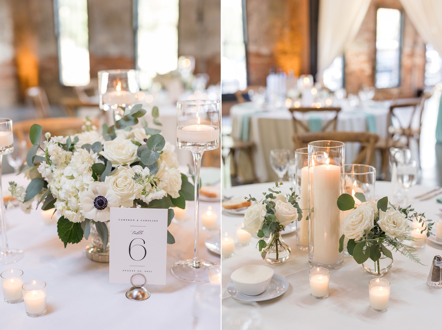 Mt Washington Mill Dye House indoor white and green wedding reception details