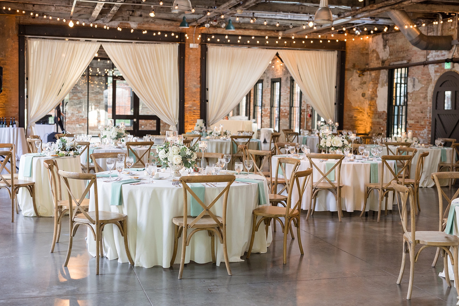 Mt Washington Mill Dye House indoor white and green wedding reception details