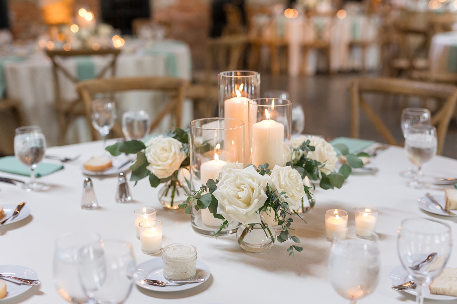 Mt Washington Mill Dye House indoor white green and candles wedding reception details